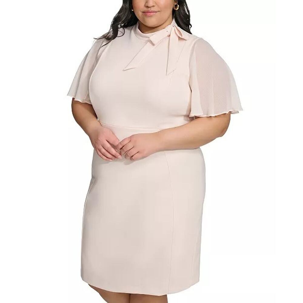 Calvin Klein Women's Flutter Sleeve Bow Neck Sheath Dress, Size 18W, Pale Pink